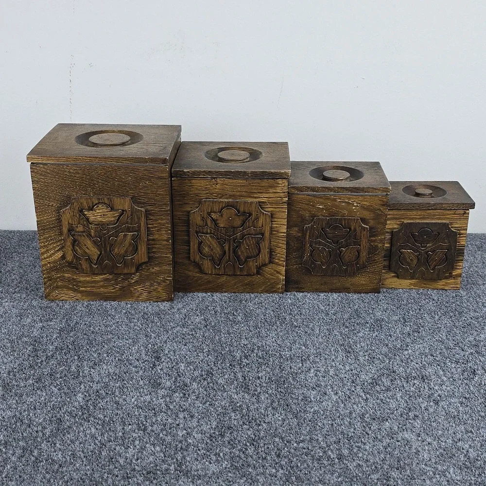 Vintage‎ 1977 Sears Roebuck Nesting Kitchen Canister Set Wood Floral Inlay Japan